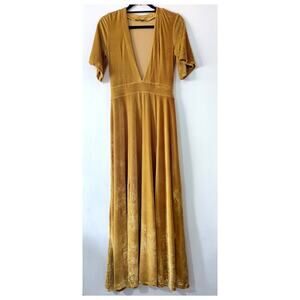 L&B Velvet Gold Mustard V-Neck Maxi Dress Size S Side Slit Belted